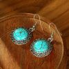 New Retro Round Antique Silver Inlaid Turquoise Earrings Ethnic Floral Ear Drops Simple Alloy Bohemian