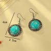 New Retro Round Antique Silver Inlaid Turquoise Earrings Ethnic Floral Ear Drops Simple Alloy Bohemian