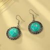 New Retro Round Antique Silver Inlaid Turquoise Earrings Ethnic Floral Ear Drops Simple Alloy Bohemian