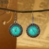 New Retro Round Antique Silver Inlaid Turquoise Earrings Ethnic Floral Ear Drops Simple Alloy Bohemian