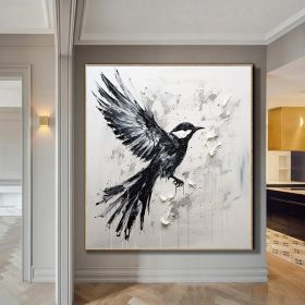 Hand Painted Oil Painting Abstract Bird oil Painting in Black And White Palette Knife Black White Wall Art Large Black And White Painting textured abs (style: 1, size: 150x150cm)