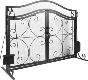 Fireplace Screen,  Metal Fire Place Cover Two-Doors Large Flat Guard Screens, Baby Safe Spark Guard Protector Wood Burning Stove Decorative Accessorie (Type: arch)